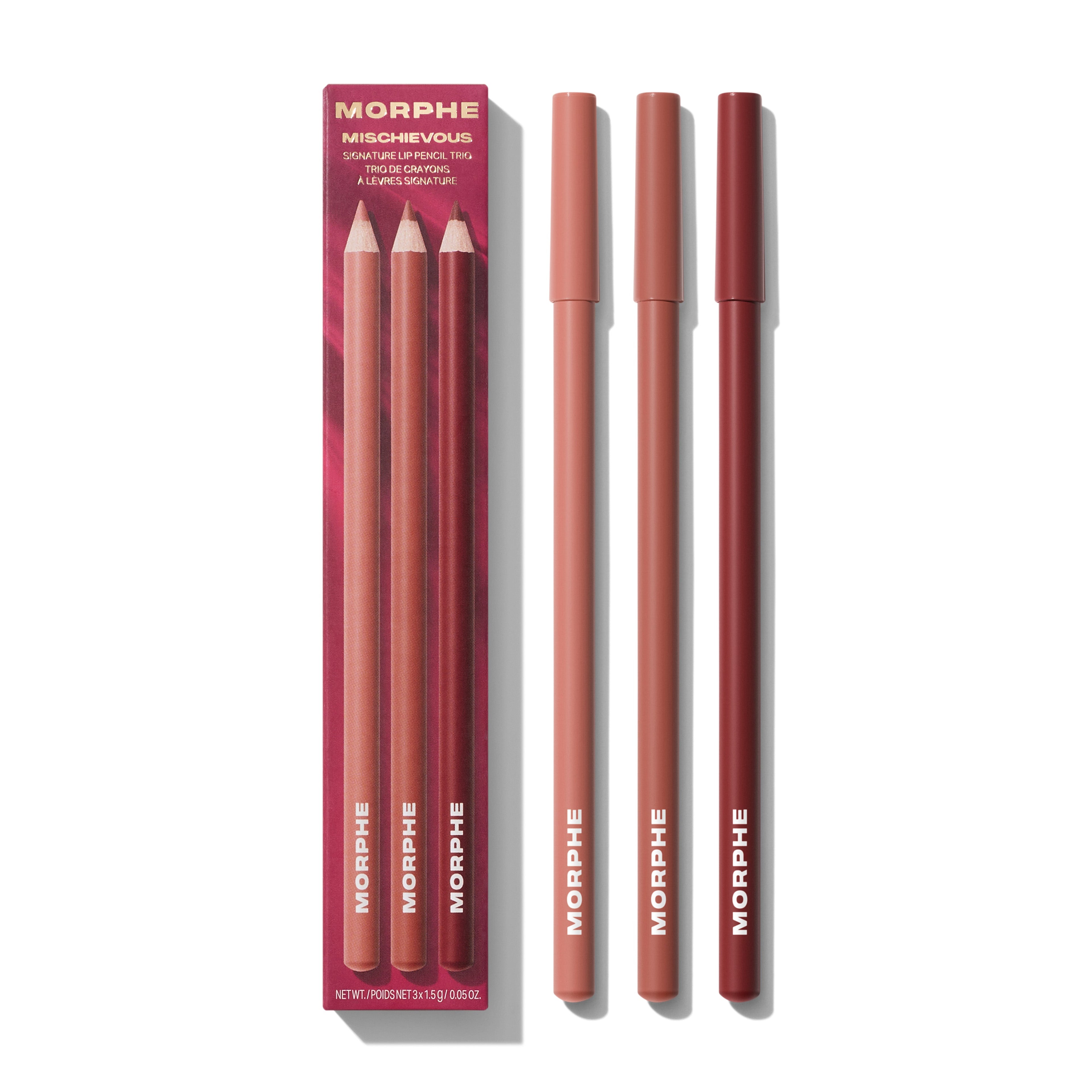 Morphe lipstick pencils with packaging on a white background