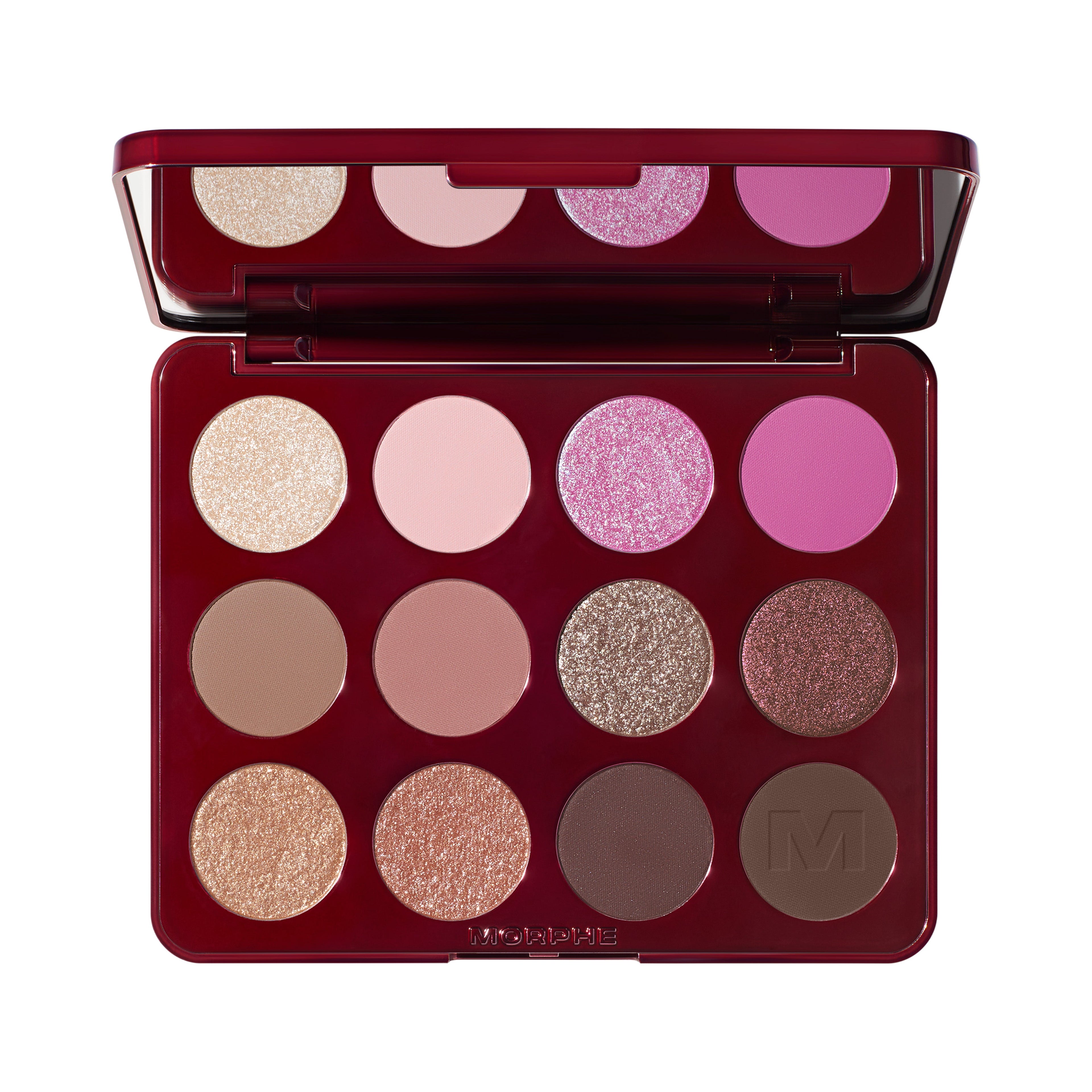 Makeup palette with various shades of eyeshadow on a white background